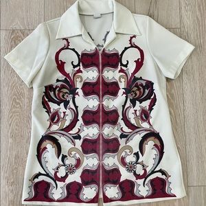 Vtg Poly Zip Up Tropical Tiki Oasis Aloha Hawaiian Shirt Swim Poolside Med M